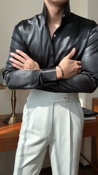 Premium Faux-Leather Texture Stand Collar Shirt - Slim Fit Metallic Gloss Long Sleeve Party & Clubwear Top