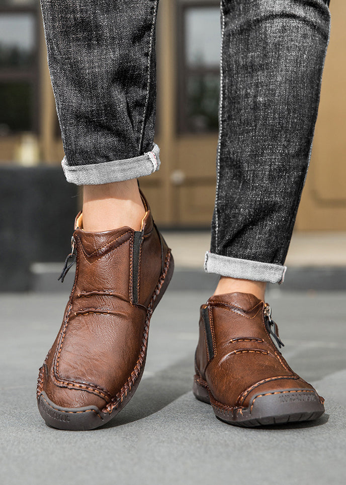 Men‘s Slip-On Leather Martin Boots – Round Toe, Casual, Breathable & Durable