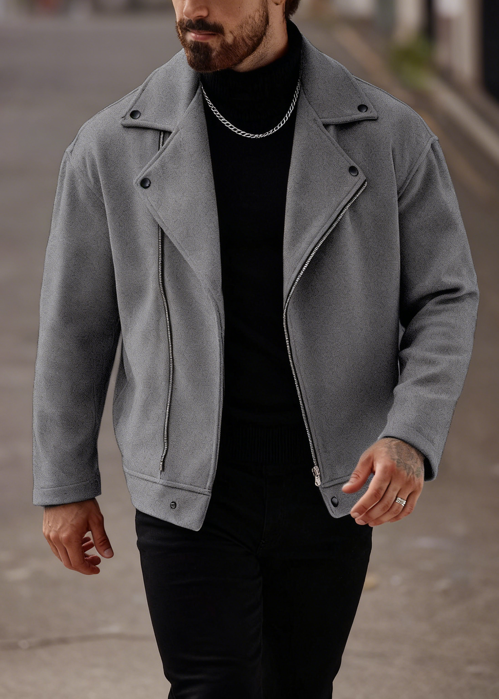 Men’s Asymmetric Zip Moto Jacket – Wide Lapel Coat, Casual Street Outerwear with Side