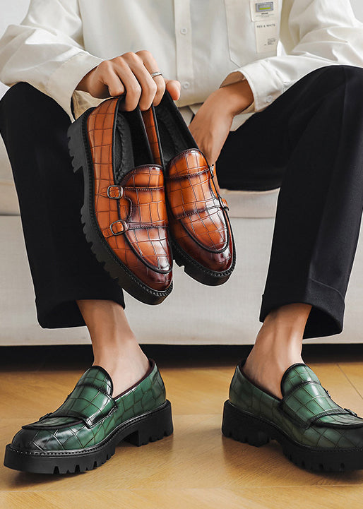 Men’s Double Buckle Chunky Sole Loafers – Retro Slip-On Dress Shoes