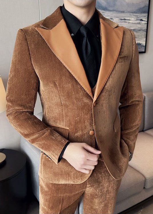 Vintage Luxury Chenille Suit Set with Contrast Leather Peak Lapel Slim Fit Groom Tuxedo & Party Wear