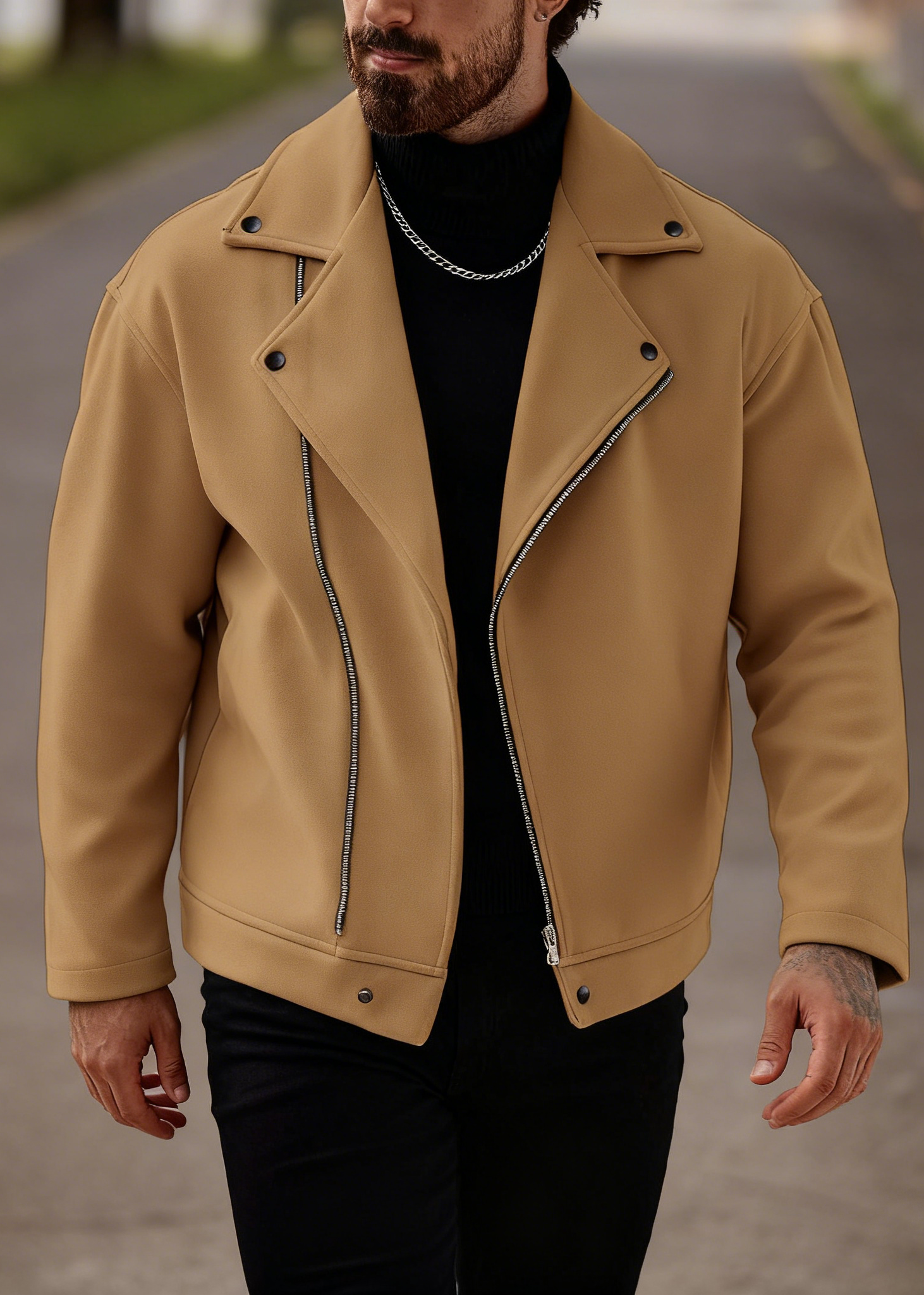 Men’s Asymmetric Zip Moto Jacket – Wide Lapel Coat, Casual Street Outerwear with Side