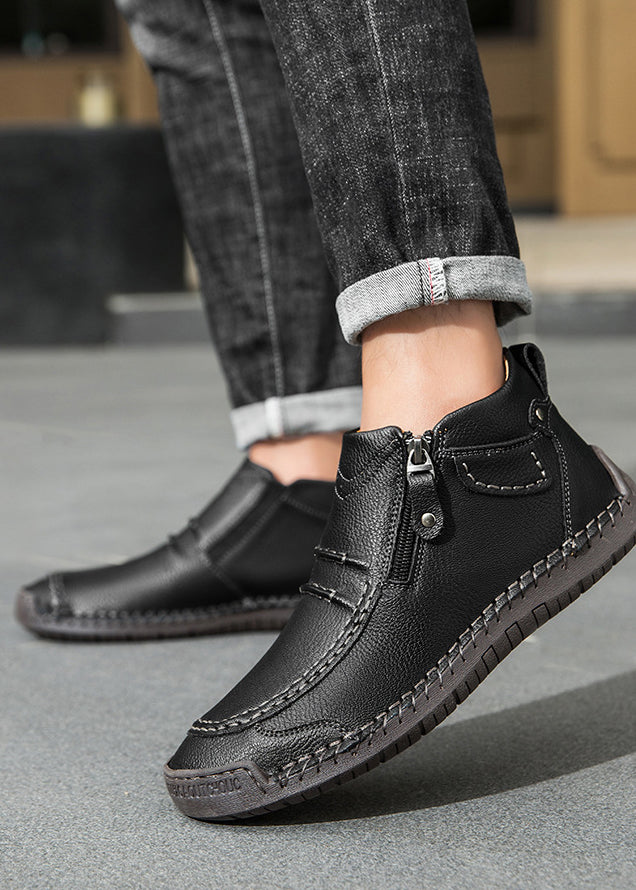 Men‘s Slip-On Leather Martin Boots – Round Toe, Casual, Breathable & Durable