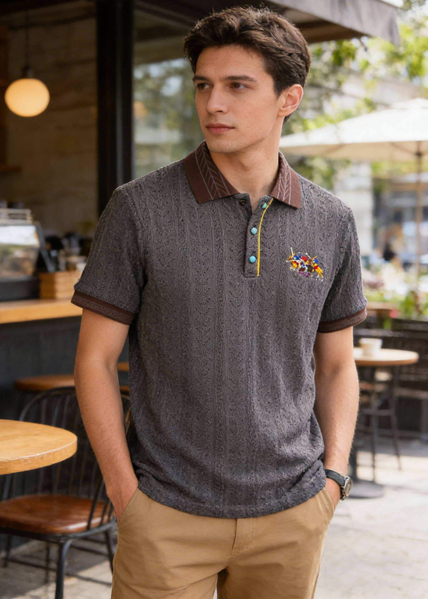 Men's Retro Textured Knit Polo Shirt - Vintage Embroidery Color-Block Short Sleeve Knitwear