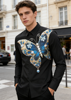 Luxury 3D Butterfly Rhinestone Shirt-Premium Long Sleeve Designer Shirt