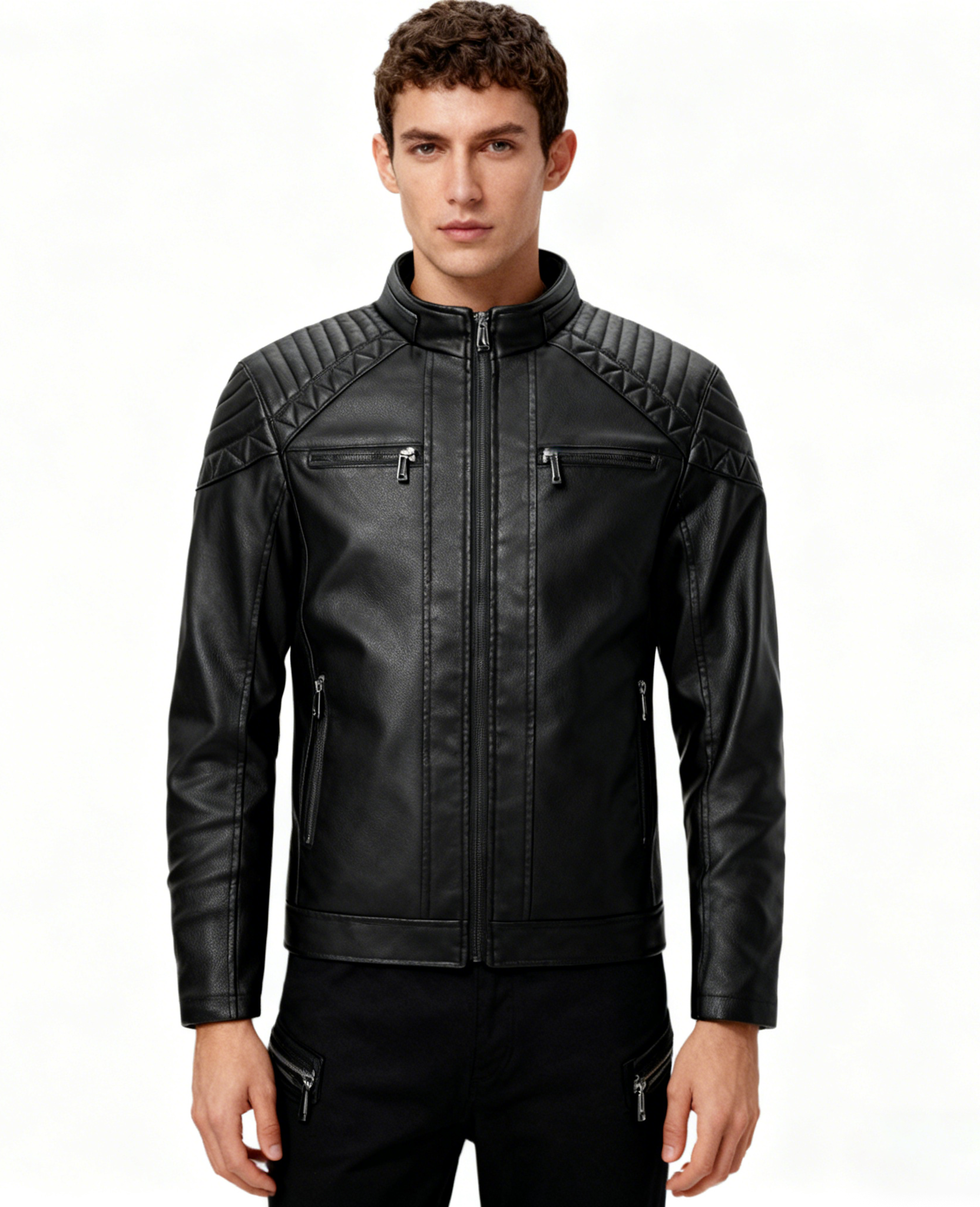 Fleece-Lined Stand Collar Leather Jacket