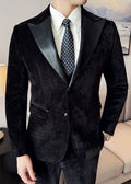 Vintage Luxury Chenille Suit Set with Contrast Leather Peak Lapel Slim Fit Groom Tuxedo & Party Wear