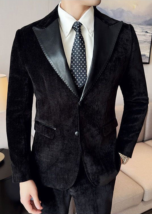 Vintage Luxury Chenille Suit Set with Contrast Leather Peak Lapel Slim Fit Groom Tuxedo & Party Wear