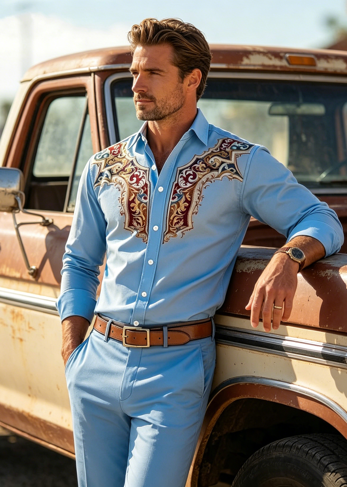 Men’s Western Embroidered Stretch Shirt – Vintage Cowboy Business Casual Button-Up