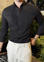 Elegant White Wing Collar Pleated Shirt – Formal & Wedding