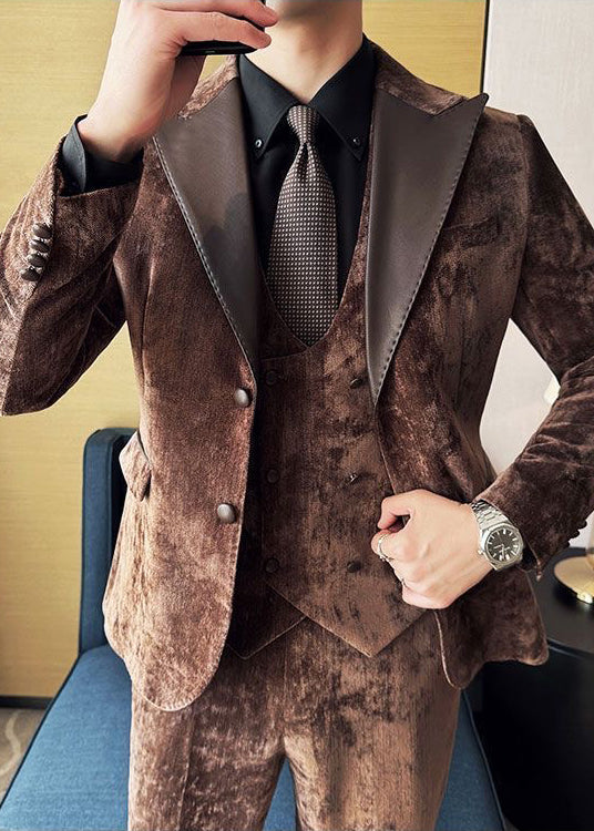 Vintage Luxury Chenille Suit Set with Contrast Leather Peak Lapel Slim Fit Groom Tuxedo & Party Wear
