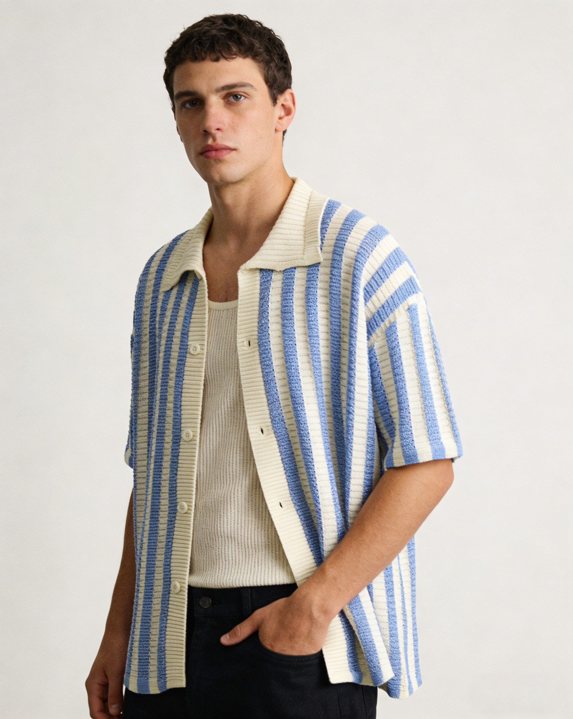 Men's Retro Knitted Striped Camp Collar Shirt