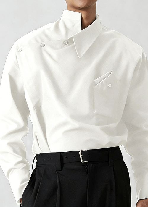 Avant-Garde Asymmetric Collar Button-Up Shirt - French Style Deconstructed Runway Shirt