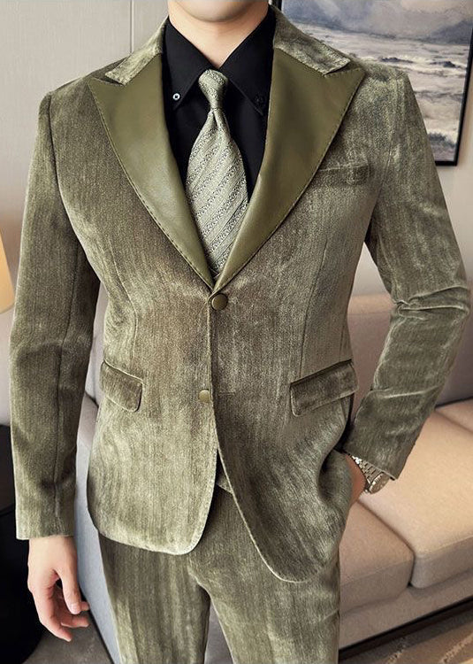 Vintage Luxury Chenille Suit Set with Contrast Leather Peak Lapel Slim Fit Groom Tuxedo & Party Wear