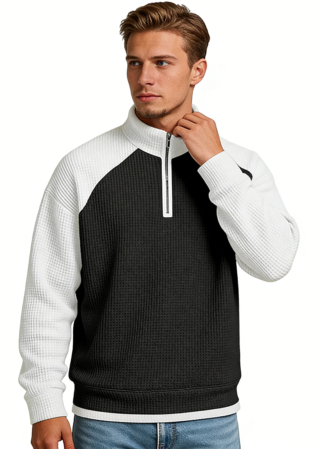 Men's Casual Color-Block Waffle Knit Quarter-Zip Pullover