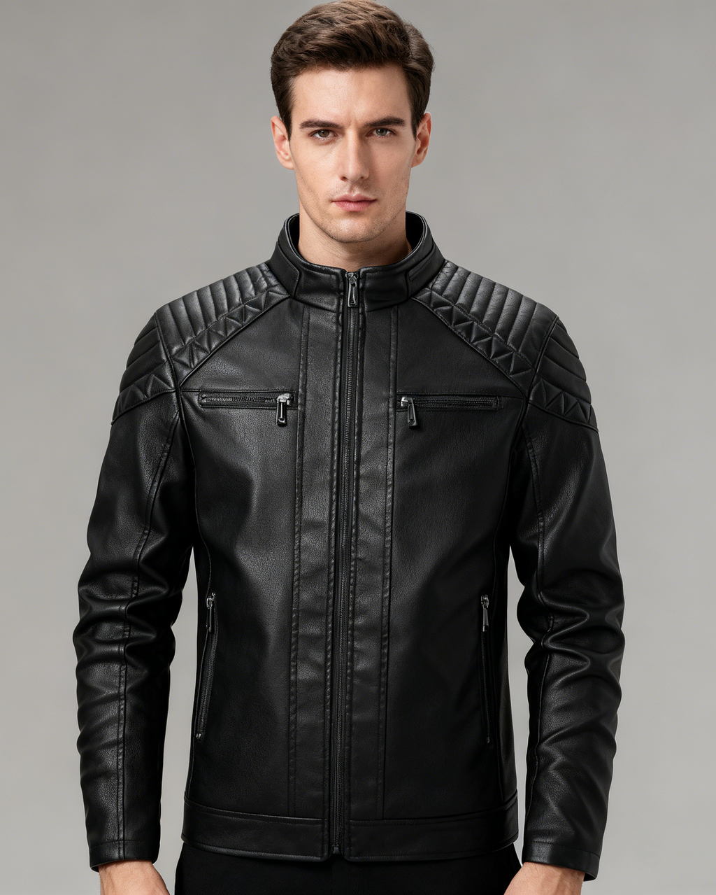 Fleece-Lined Stand Collar Leather Jacket