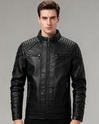 Fleece-Lined Stand Collar Leather Jacket