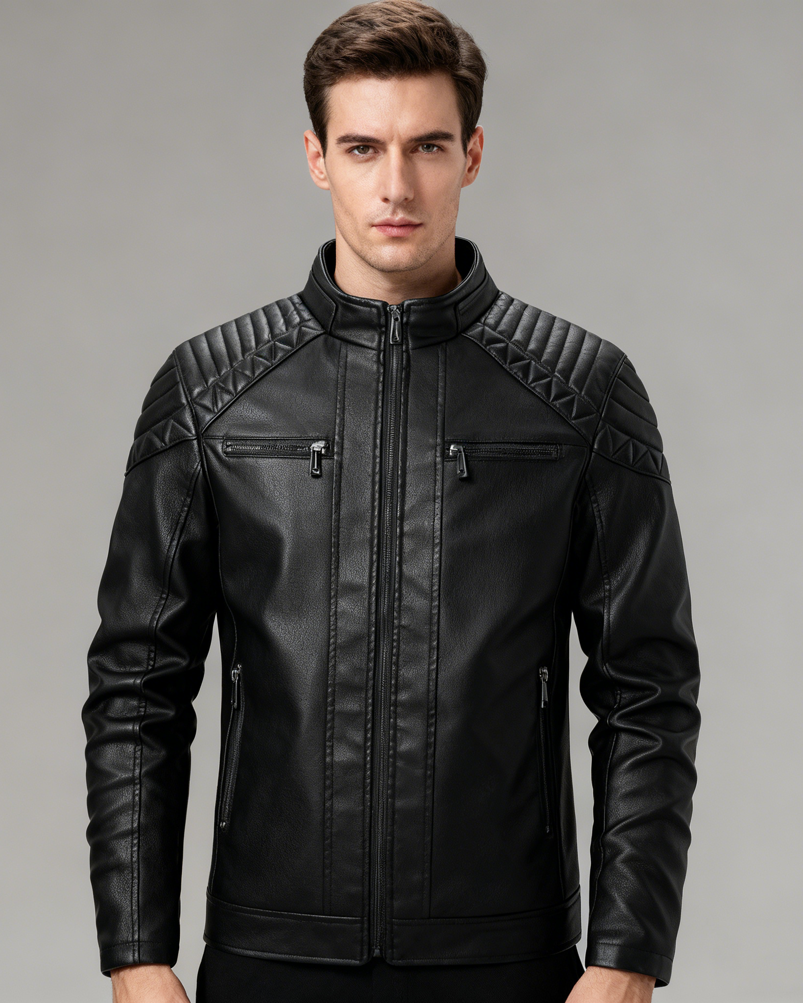 Fleece-Lined Stand Collar Leather Jacket