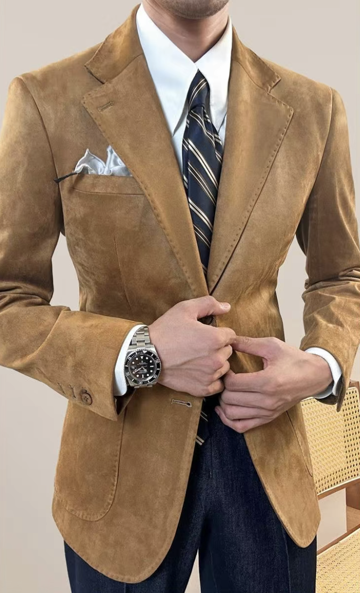 Men’s Vintage Suede Blazer – Slim Fit Business Casual Neapolitan Jacket