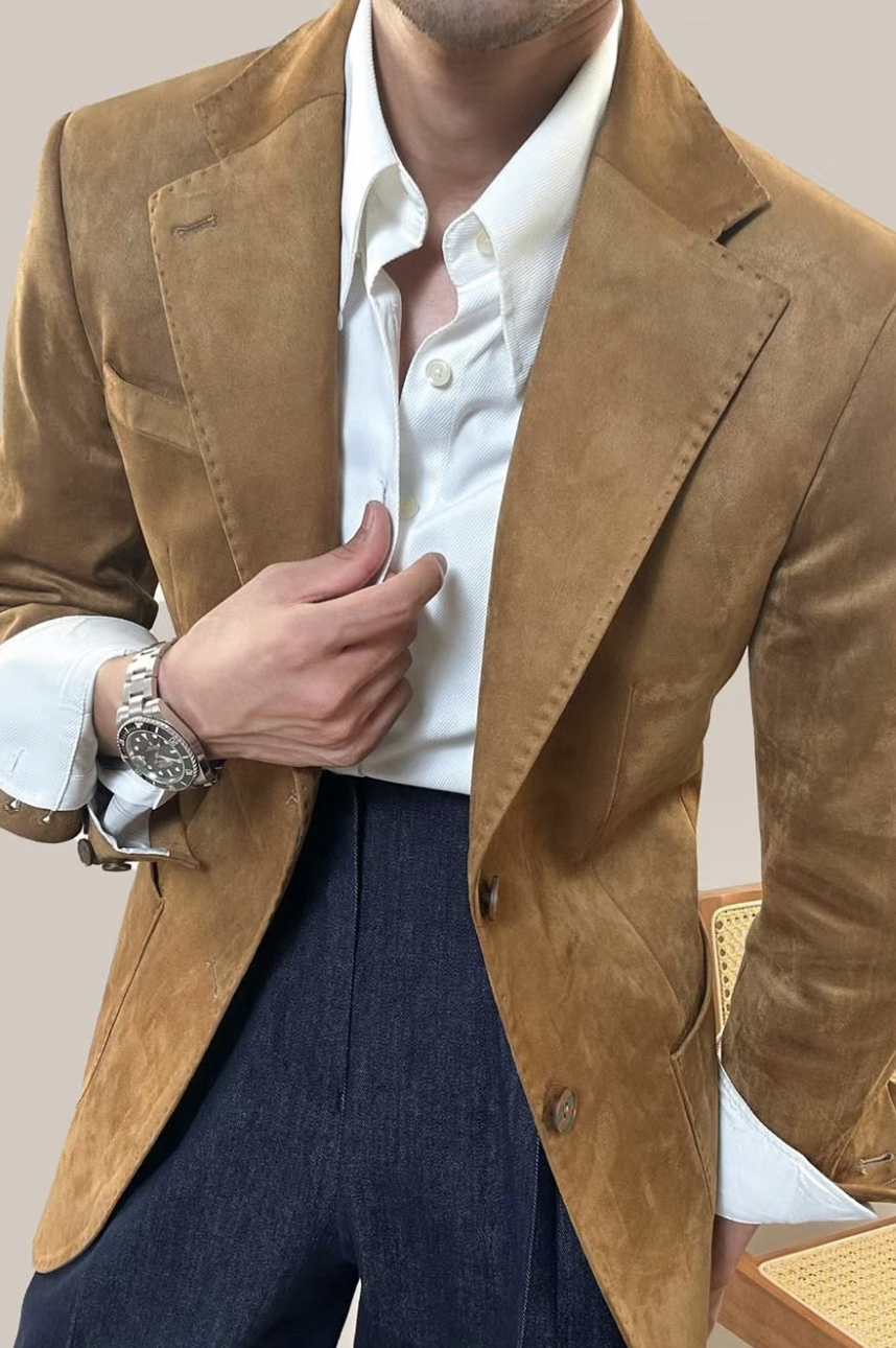 Men’s Vintage Suede Blazer – Slim Fit Business Casual Neapolitan Jacket