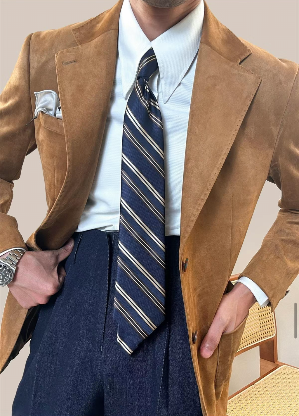 Men’s Vintage Suede Blazer – Slim Fit Business Casual Neapolitan Jacket