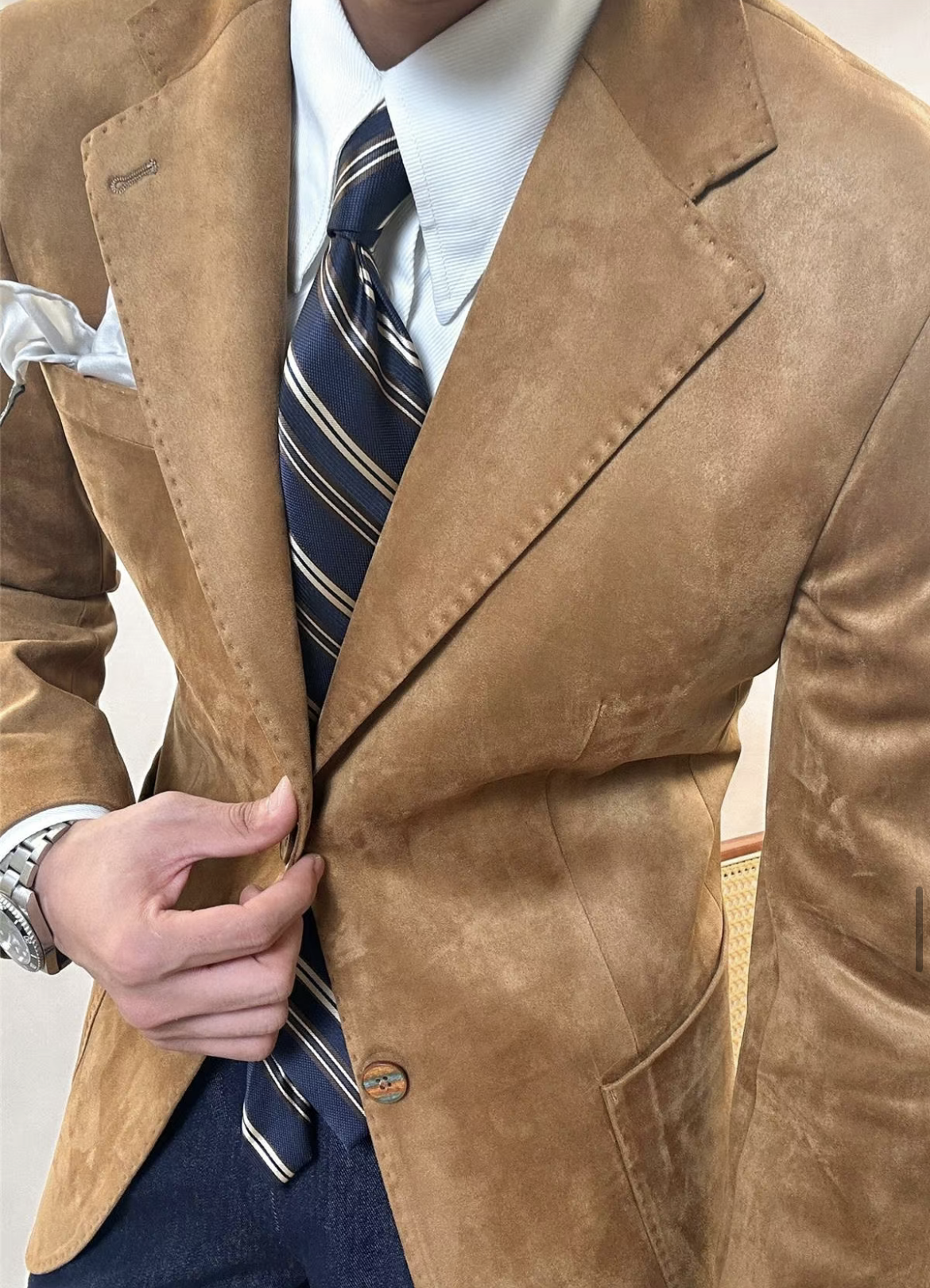 Men’s Vintage Suede Blazer – Slim Fit Business Casual Neapolitan Jacket