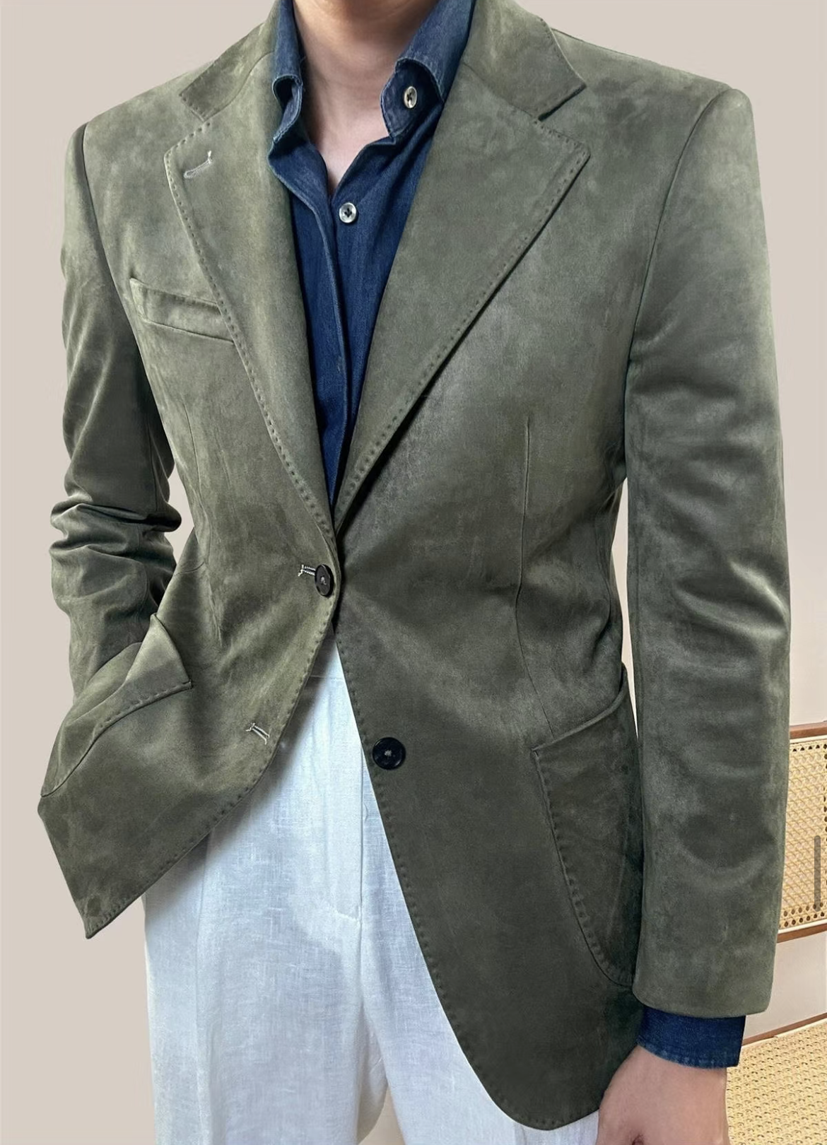 Men’s Vintage Suede Blazer – Slim Fit Business Casual Neapolitan Jacket