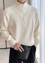 Men's Fake Two-Piece Semi-Zip Sweater - Solid Color Long Sleeve Knitwear for Autumn/Winter