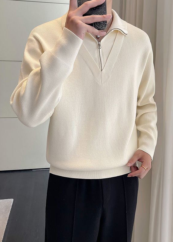 Men's Fake Two-Piece Semi-Zip Sweater - Solid Color Long Sleeve Knitwear for Autumn/Winter