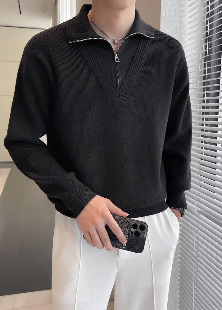 Men's Fake Two-Piece Semi-Zip Sweater - Solid Color Long Sleeve Knitwear for Autumn/Winter