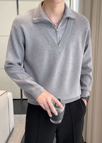 Men's Fake Two-Piece Semi-Zip Sweater - Solid Color Long Sleeve Knitwear for Autumn/Winter