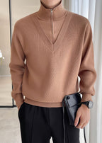 Men's Fake Two-Piece Semi-Zip Sweater - Solid Color Long Sleeve Knitwear for Autumn/Winter