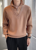 Men's Fake Two-Piece Semi-Zip Sweater - Solid Color Long Sleeve Knitwear for Autumn/Winter