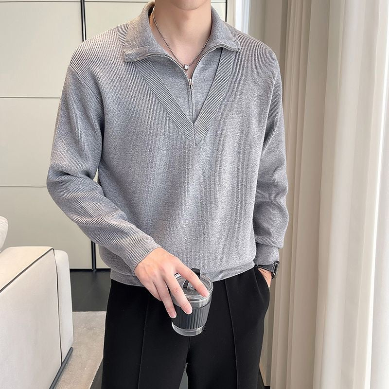 Men's Fake Two-Piece Semi-Zip Sweater - Solid Color Long Sleeve Knitwear for Autumn/Winter