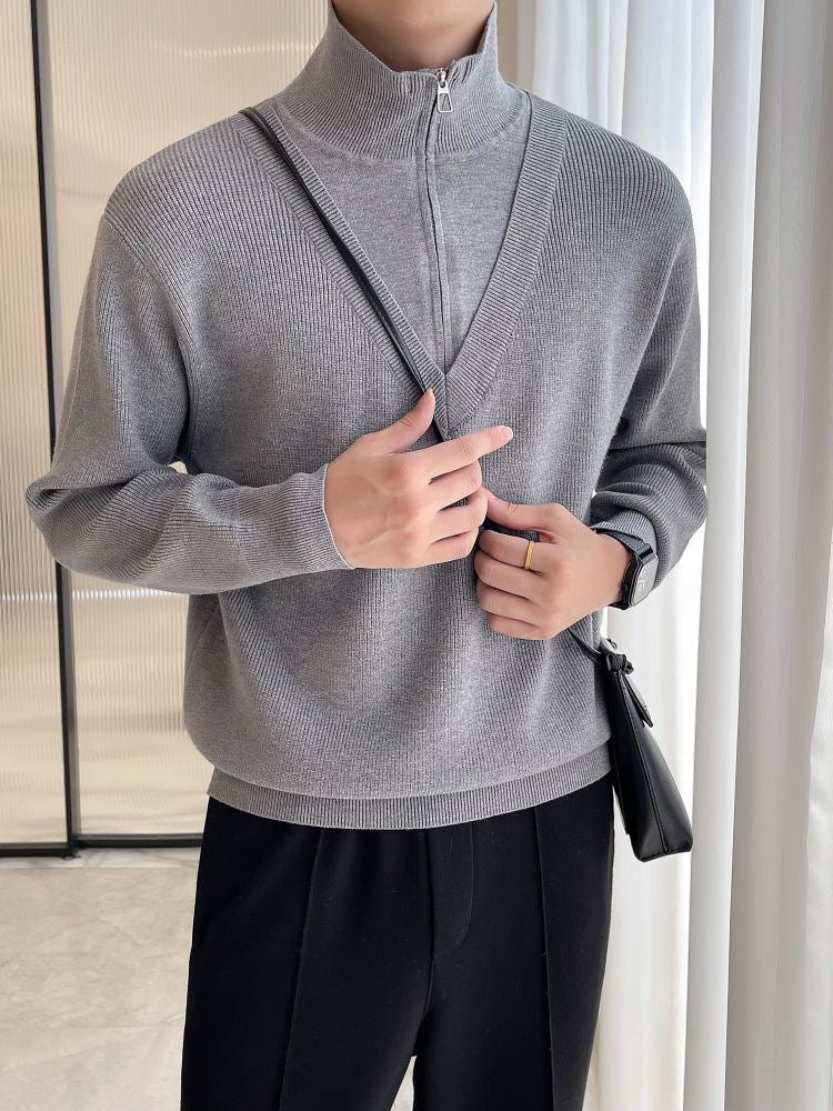 Men's Fake Two-Piece Semi-Zip Sweater - Solid Color Long Sleeve Knitwear for Autumn/Winter