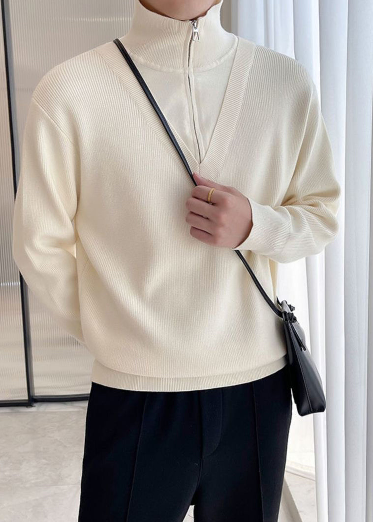 Men's Fake Two-Piece Semi-Zip Sweater - Solid Color Long Sleeve Knitwear for Autumn/Winter
