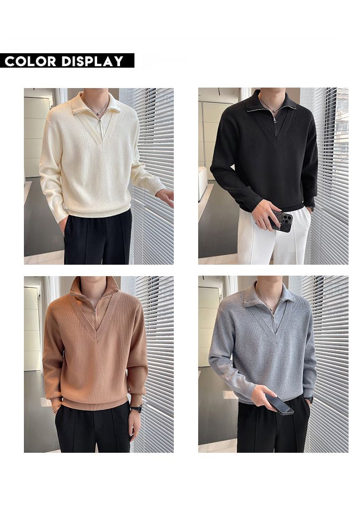 Men's Fake Two-Piece Semi-Zip Sweater - Solid Color Long Sleeve Knitwear for Autumn/Winter