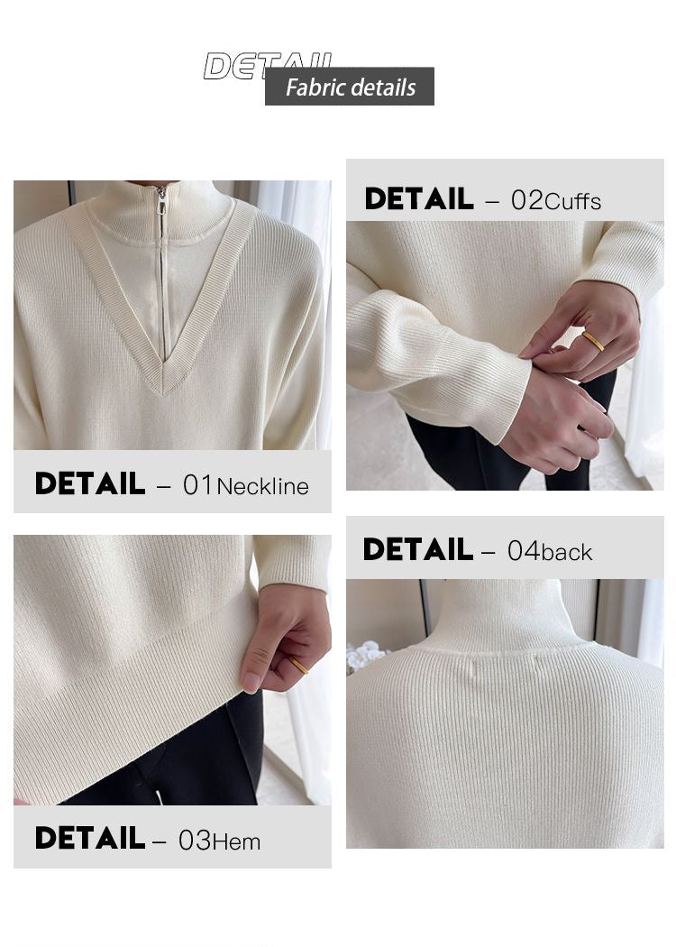 Men's Fake Two-Piece Semi-Zip Sweater - Solid Color Long Sleeve Knitwear for Autumn/Winter