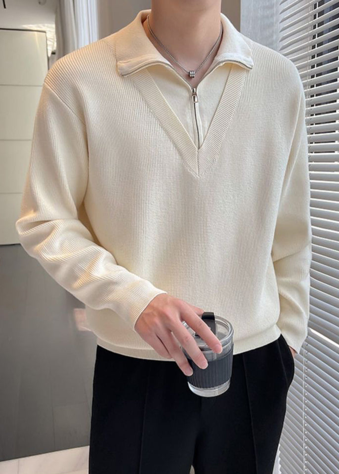 Men's Fake Two-Piece Semi-Zip Sweater - Solid Color Long Sleeve Knitwear for Autumn/Winter