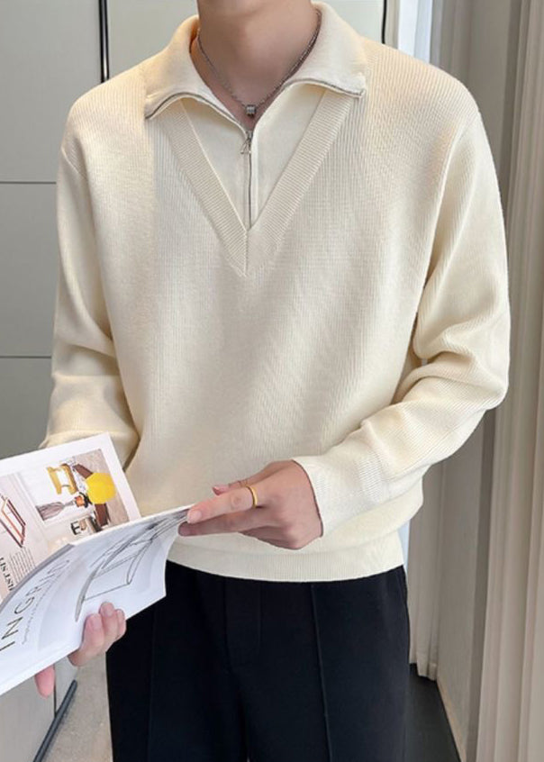Men's Fake Two-Piece Semi-Zip Sweater - Solid Color Long Sleeve Knitwear for Autumn/Winter