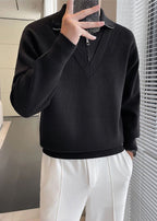 Men's Fake Two-Piece Semi-Zip Sweater - Solid Color Long Sleeve Knitwear for Autumn/Winter