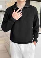 Men's Fake Two-Piece Semi-Zip Sweater - Solid Color Long Sleeve Knitwear for Autumn/Winter