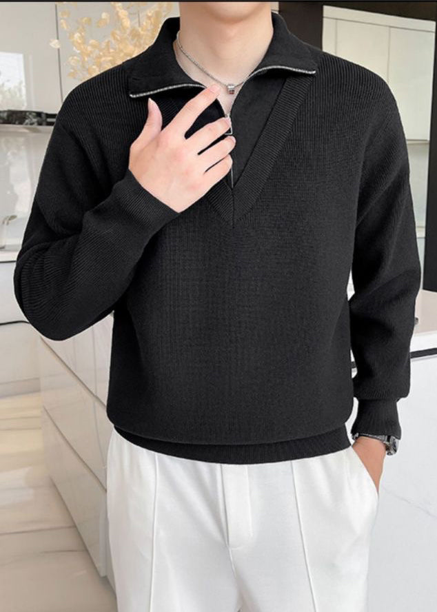 Men's Fake Two-Piece Semi-Zip Sweater - Solid Color Long Sleeve Knitwear for Autumn/Winter