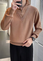 Men's Fake Two-Piece Semi-Zip Sweater - Solid Color Long Sleeve Knitwear for Autumn/Winter