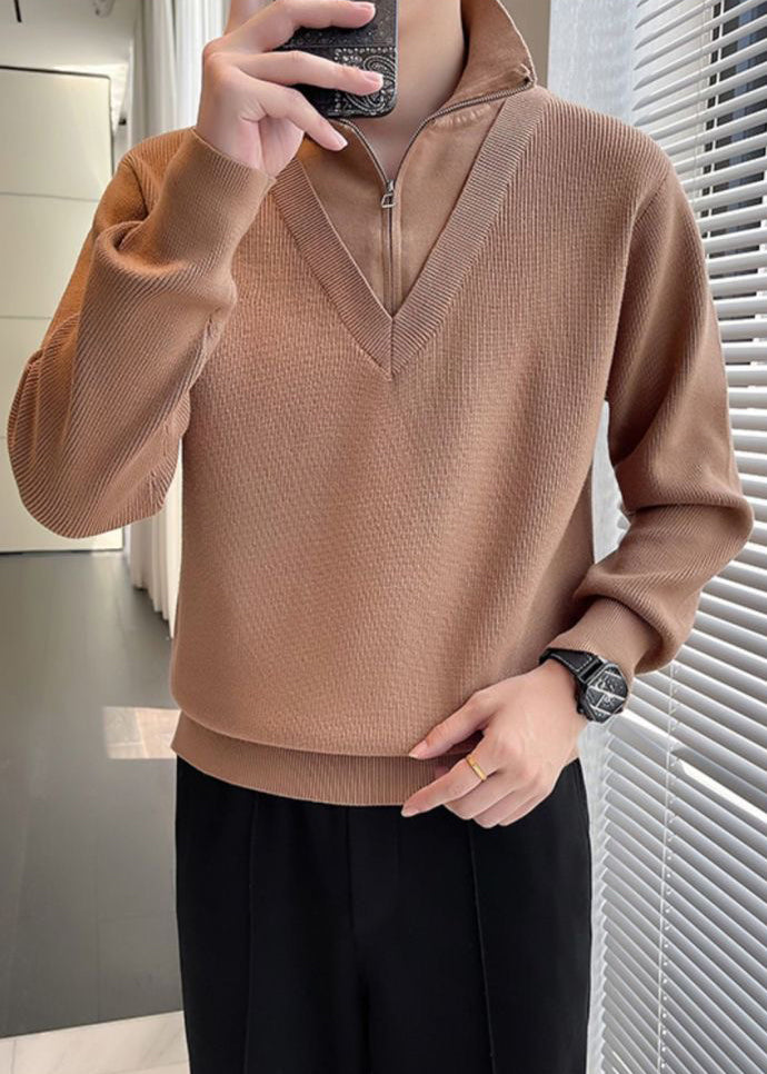 Men's Fake Two-Piece Semi-Zip Sweater - Solid Color Long Sleeve Knitwear for Autumn/Winter