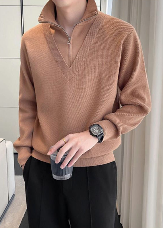 Men's Fake Two-Piece Semi-Zip Sweater - Solid Color Long Sleeve Knitwear for Autumn/Winter