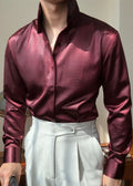 Premium Faux-Leather Texture Stand Collar Shirt - Slim Fit Metallic Gloss Long Sleeve Party & Clubwear Top