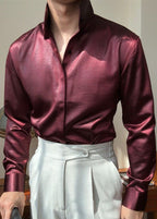 Premium Faux-Leather Texture Stand Collar Shirt - Slim Fit Metallic Gloss Long Sleeve Party & Clubwear Top