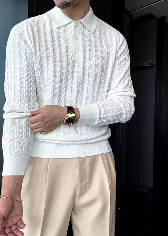Men's "Old Money" Aesthetic Polo-Collar Cable Knit Sweater - Premium Merino Wool Blend
