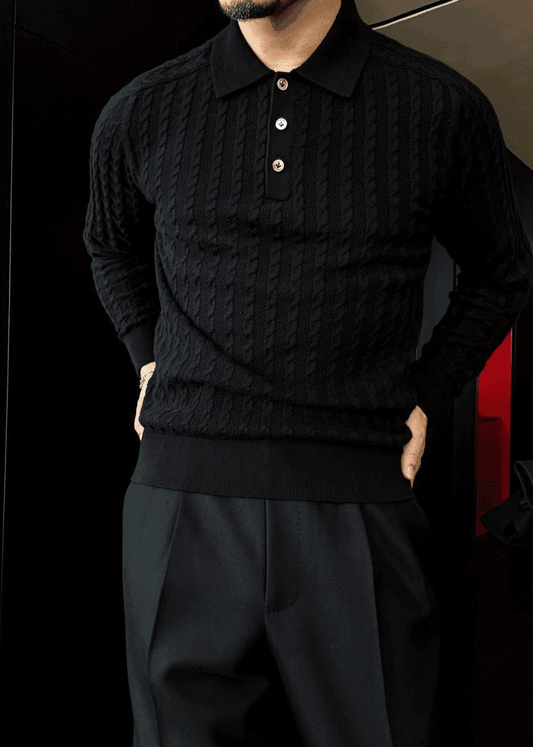 Men's "Old Money" Aesthetic Polo-Collar Cable Knit Sweater - Premium Merino Wool Blend